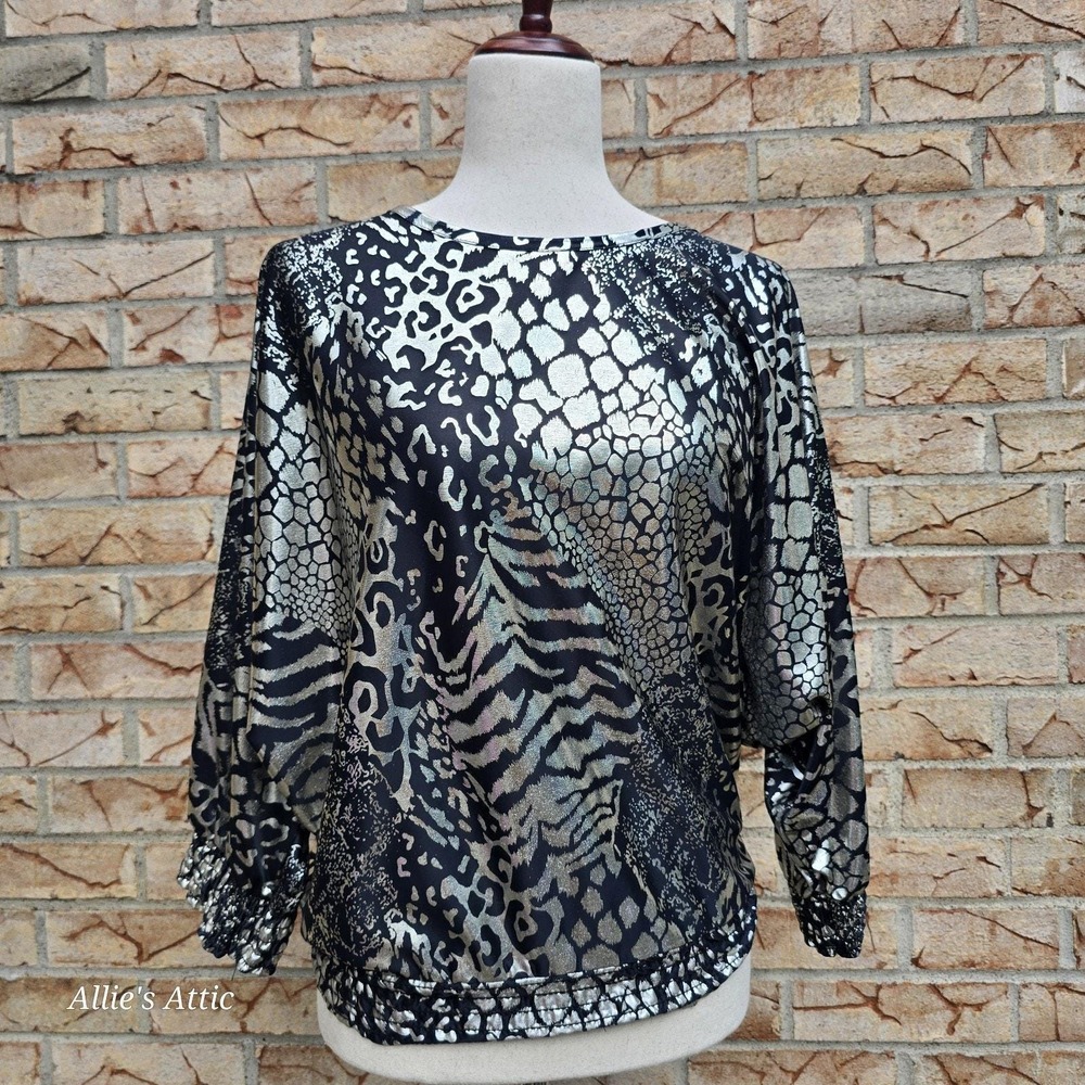 90s Silver Black Metallic‎ Animal Zebra Leopard Print Vtg Shirt Cindy Collins S